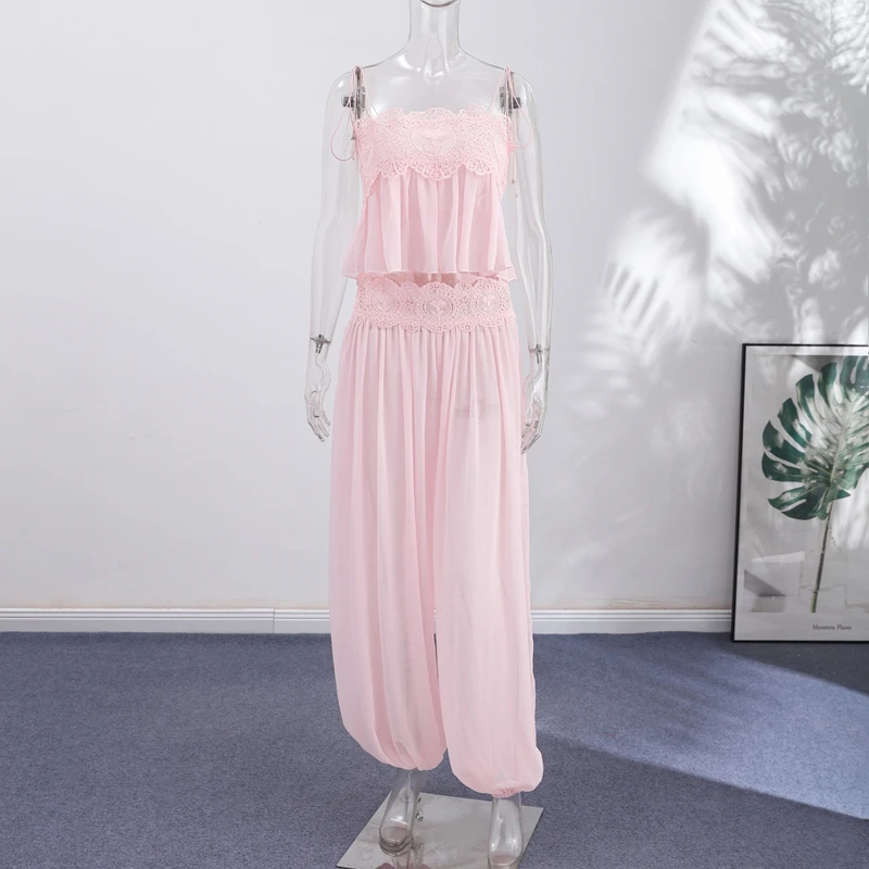 Front view of pink lace top and flowing pants set