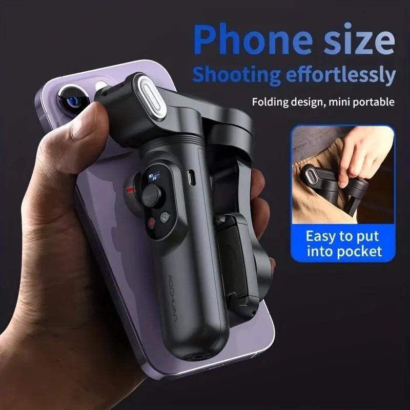 Compact folded smartphone gimbal held beside a phone