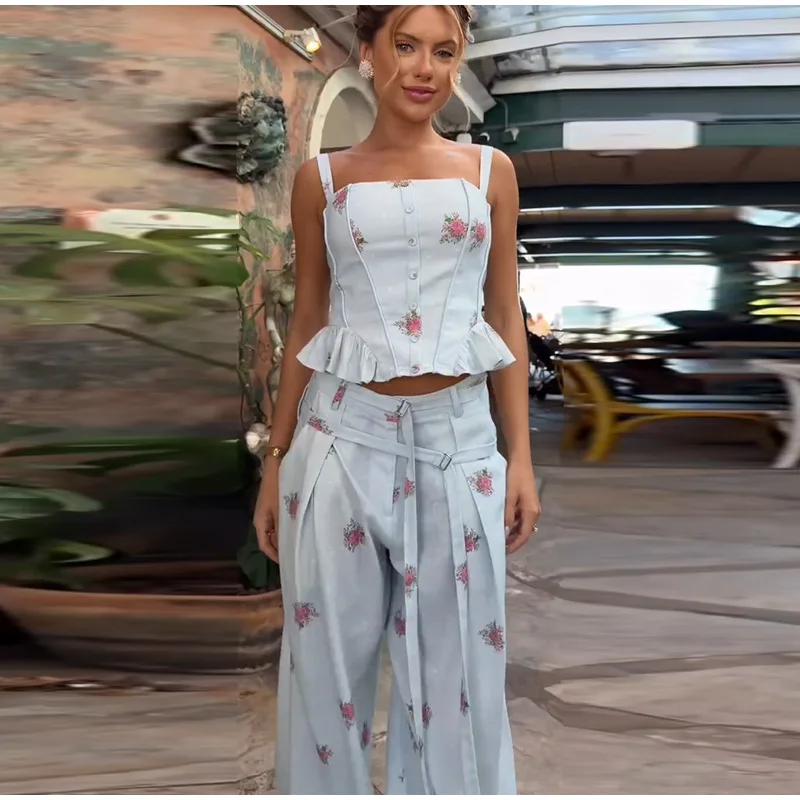 Woman modeling the light blue floral pants set