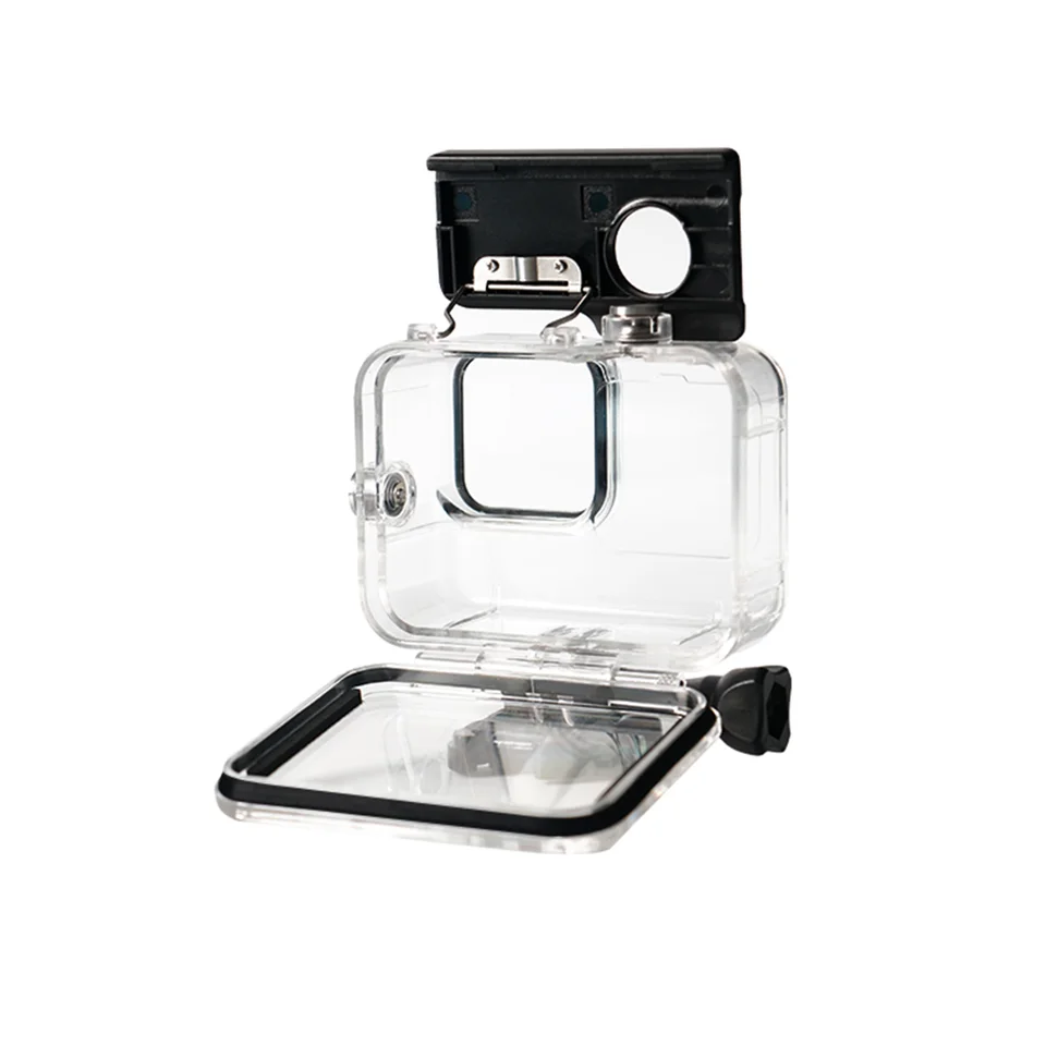 Clear action camera housing with the rear door open
