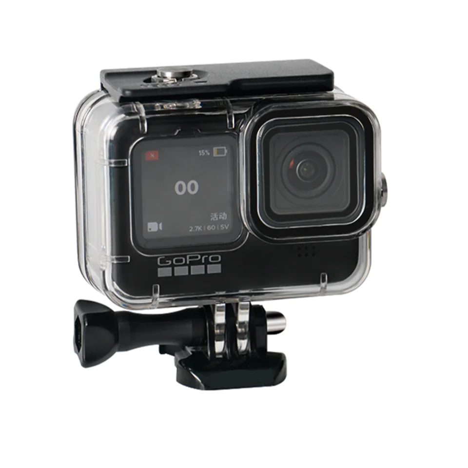 Action camera fitted inside the clear protective housing