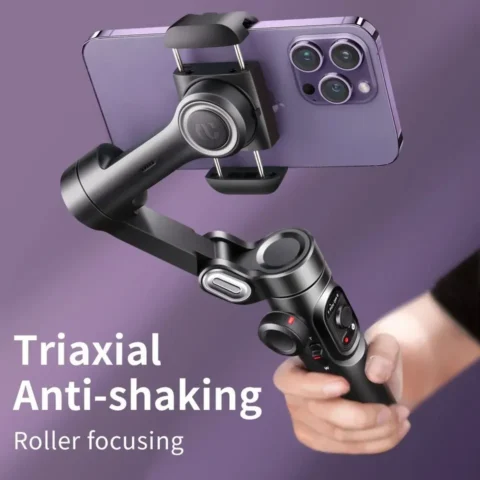 Foldable black 3-axis smartphone gimbal in use