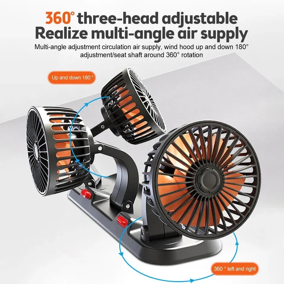 Three-head vehicle fan showing adjustable head and base angles