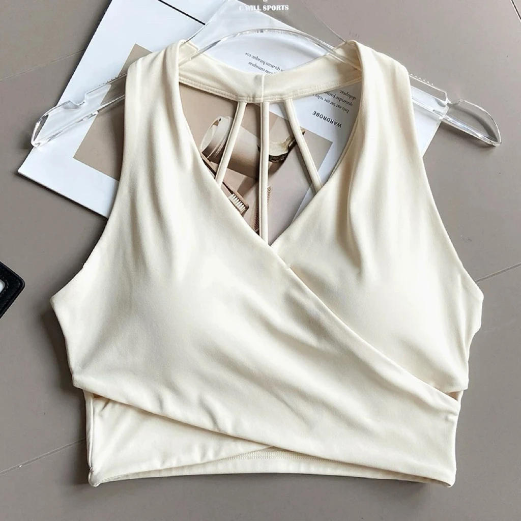 White wrap-front sports bra