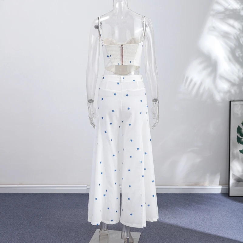 Back view of white and blue floral top and pants set