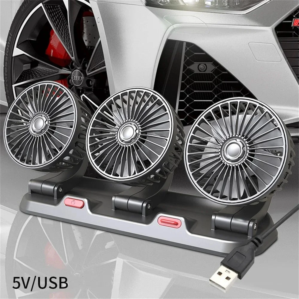 Three-head vehicle fan with 5V USB cable