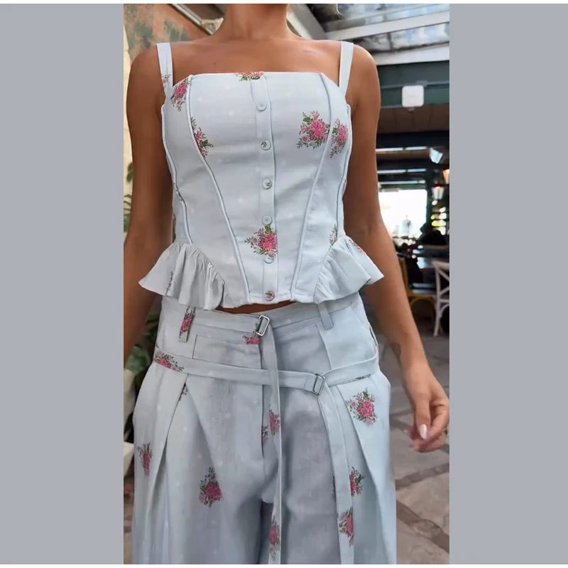 Button-front floral top and belted wide-leg pants