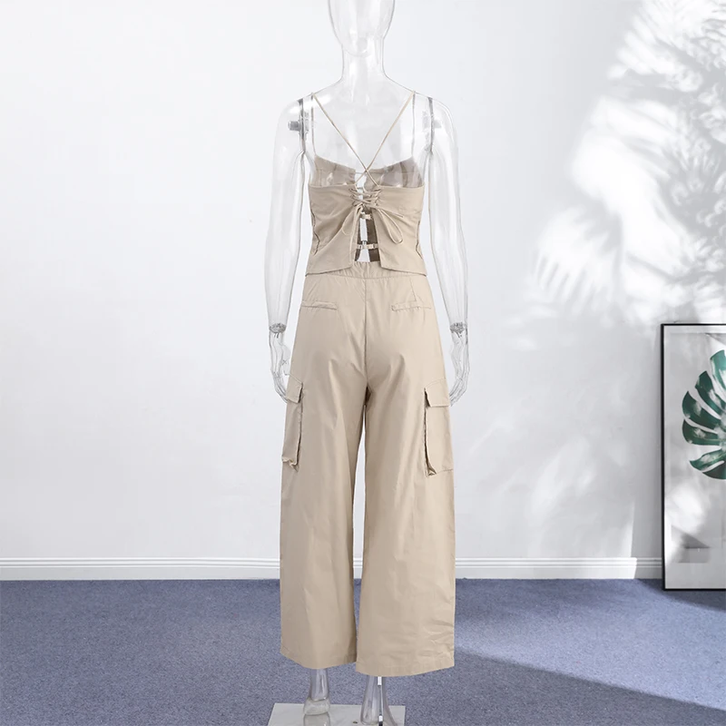 Back view of khaki lace-up top and cargo pants set