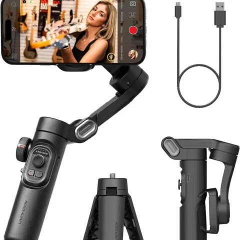 AOCHUAN SmartXE gimbal shown open, folded and as a mini tripod