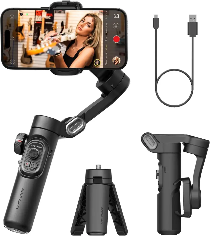 AOCHUAN SmartXE gimbal shown open, folded and as a mini tripod