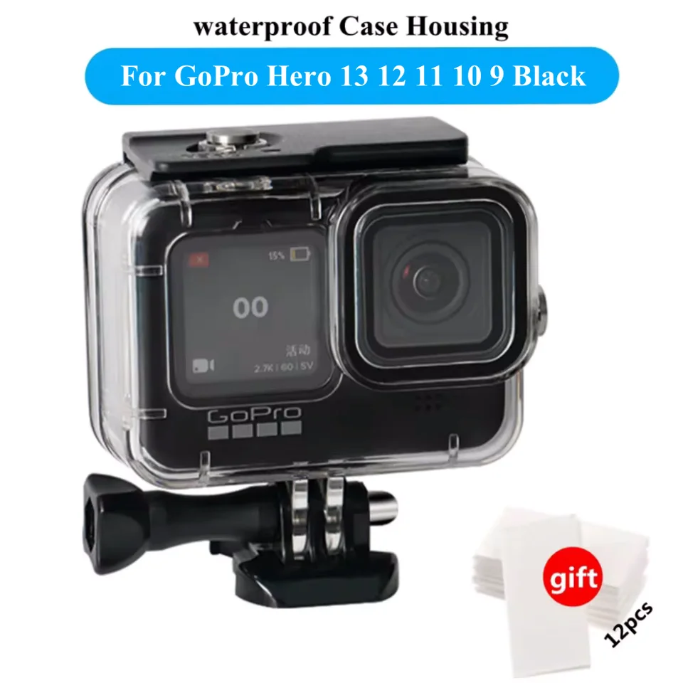 Clear action camera housing with mounting buckle and anti-fog inserts