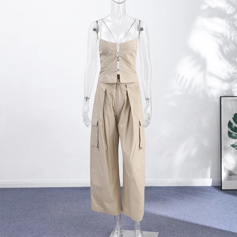 Front view of khaki top and wide-leg cargo pants set
