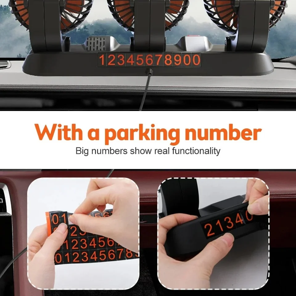 Three-head fan base with parking-number display feature shown