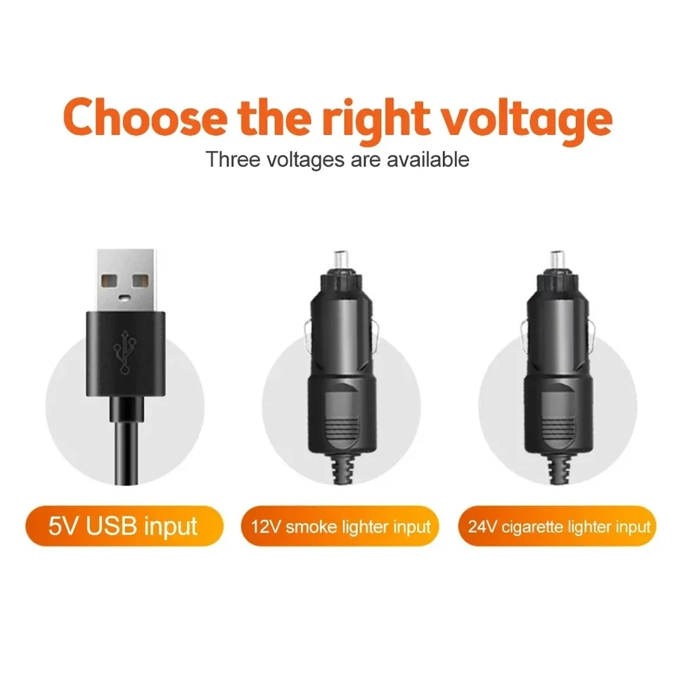 USB, 12V vehicle plug, and 24V vehicle plug power choices