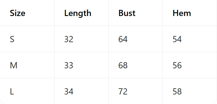 Supplier size chart showing length, bust, and hem values for S through L