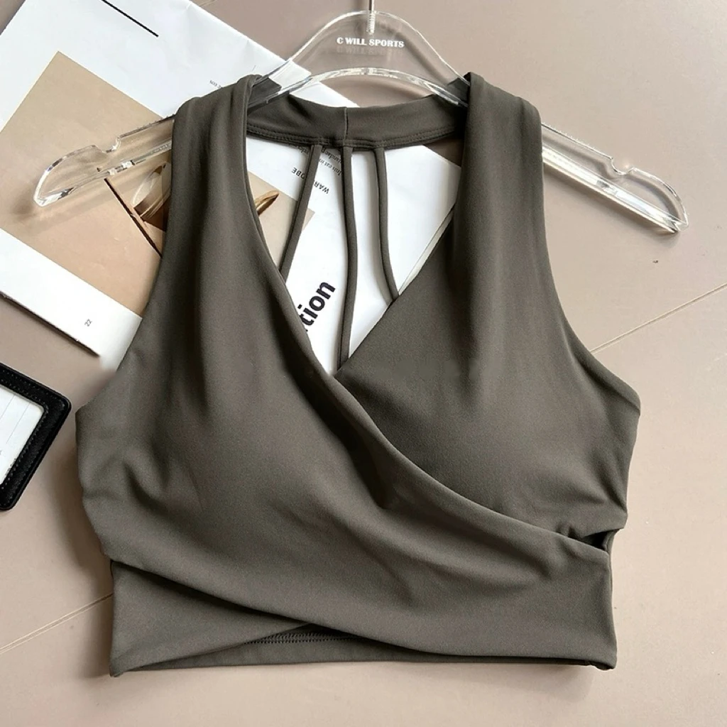 Dark gray wrap-front sports bra