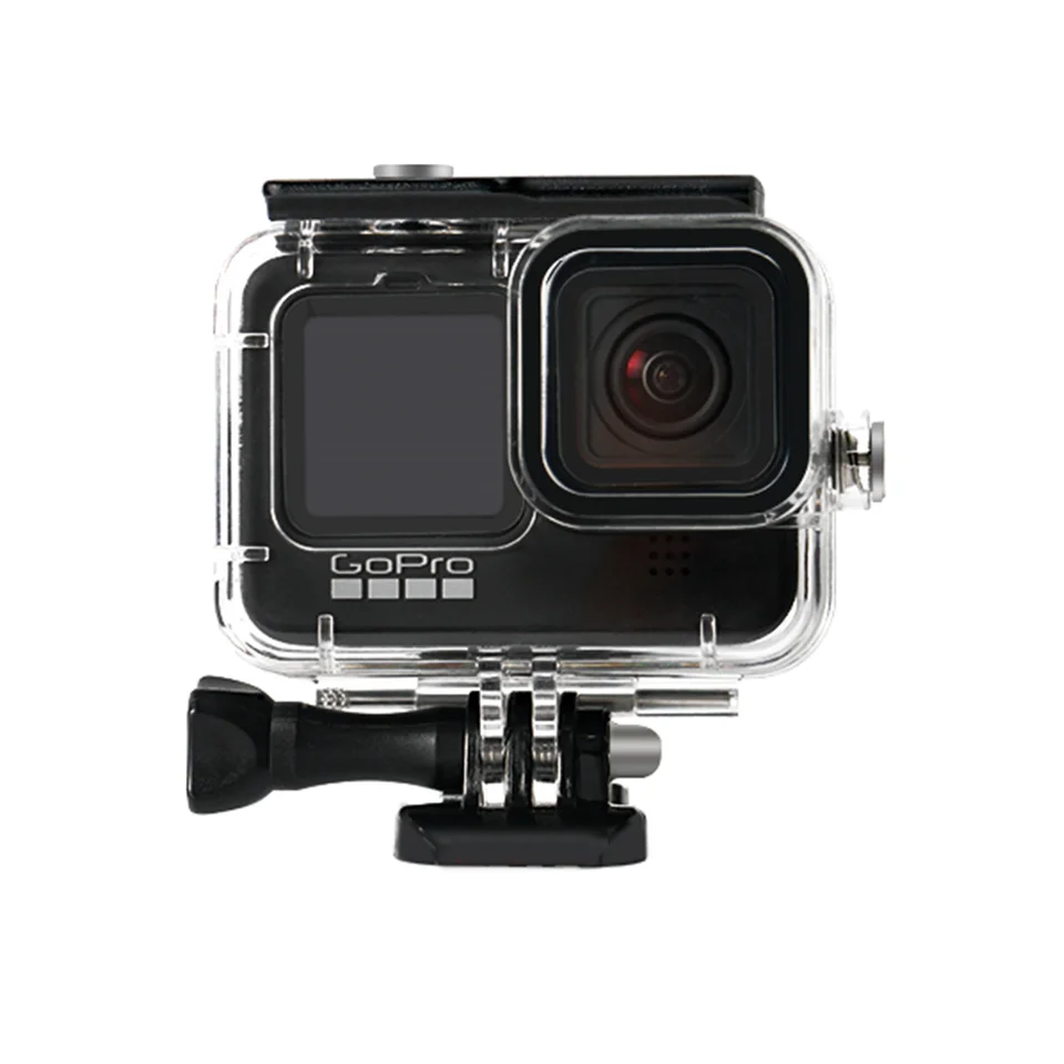 Front view of the clear housing with camera and buckle mount